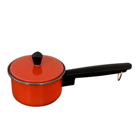 Vtg Sears Orange Enamel Stainless Steel Saucepan w/ Lid 1 Qt Retro Cookware USA - Picture 1 of 8